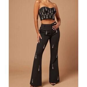 Fashion Nova Black Embellished Strapless Crop Top & Flare Pants Set SIZE MEDIUM
